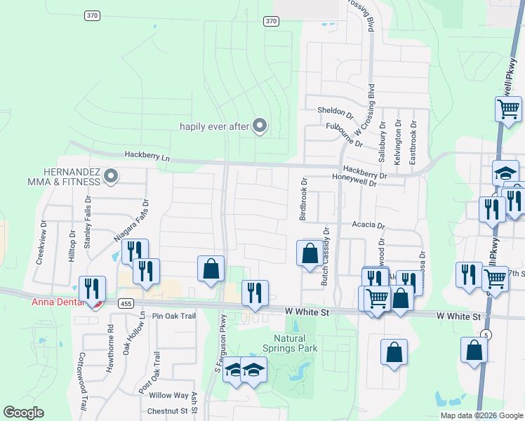 map of restaurants, bars, coffee shops, grocery stores, and more near 1322 Crossvine Drive in Anna