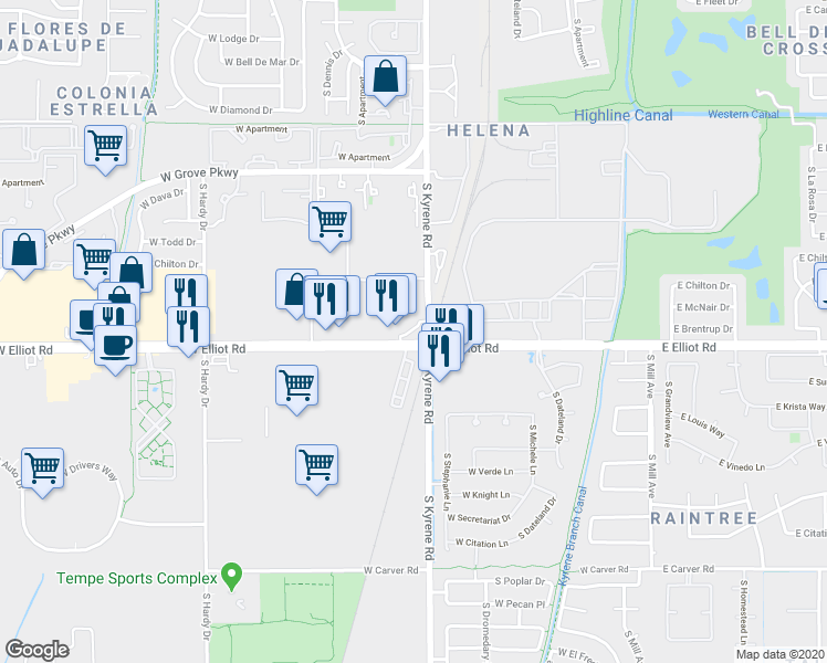 map of restaurants, bars, coffee shops, grocery stores, and more near in Tempe