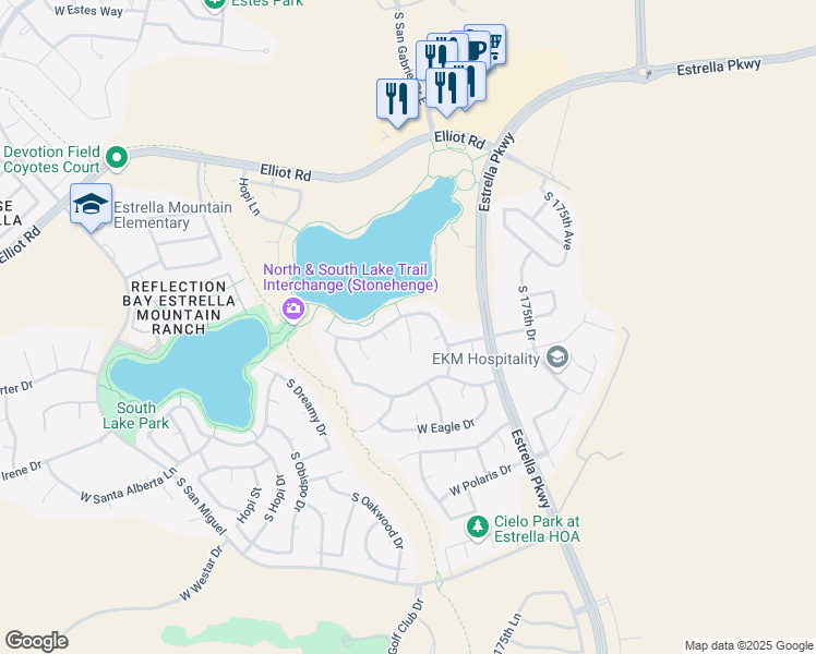 map of restaurants, bars, coffee shops, grocery stores, and more near 10736 Indian Wells Drive in Goodyear