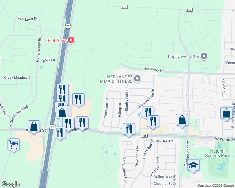 map of restaurants, bars, coffee shops, grocery stores, and more near 2305 Hillside Dr in Anna