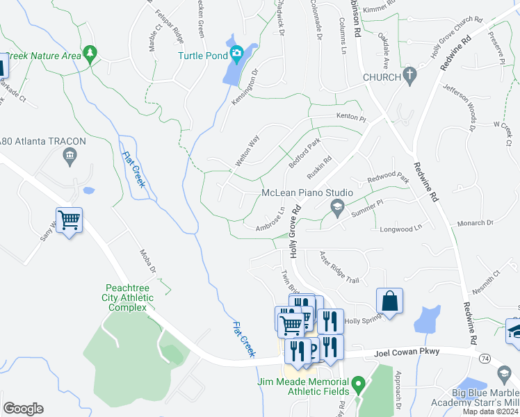 map of restaurants, bars, coffee shops, grocery stores, and more near 206 York Gate in Peachtree City