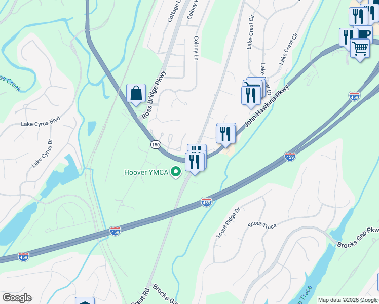 map of restaurants, bars, coffee shops, grocery stores, and more near 10 Shades Crest Road in Birmingham