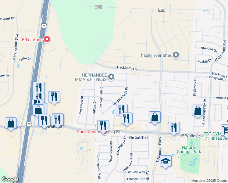 map of restaurants, bars, coffee shops, grocery stores, and more near 2022 Tanur Cascade Drive in Anna