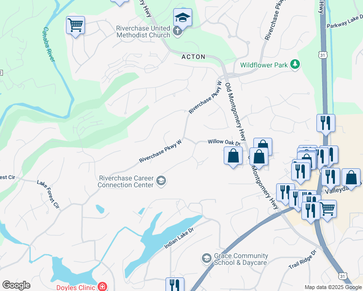 map of restaurants, bars, coffee shops, grocery stores, and more near 905 Riverchase Parkway West in Birmingham