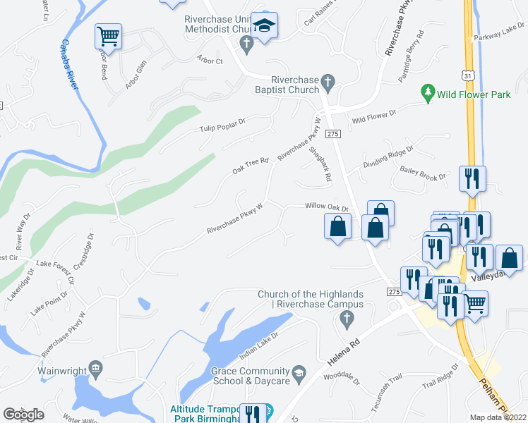 map of restaurants, bars, coffee shops, grocery stores, and more near 905 Riverchase Parkway West in Birmingham