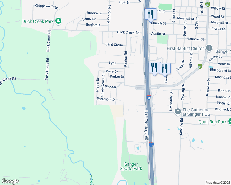 map of restaurants, bars, coffee shops, grocery stores, and more near 114 Preston Drive in Sanger