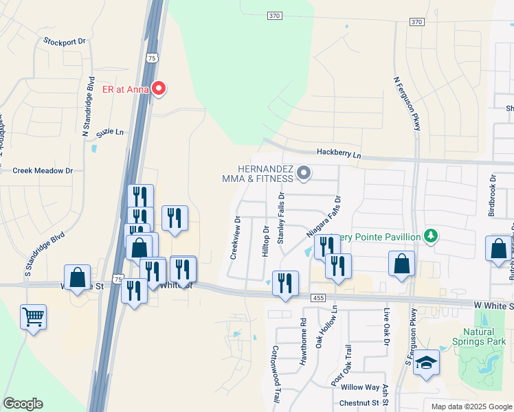 map of restaurants, bars, coffee shops, grocery stores, and more near 2307 Hillside Drive in Anna