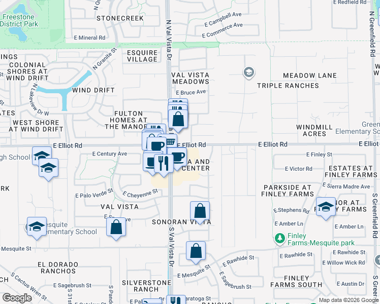 map of restaurants, bars, coffee shops, grocery stores, and more near 1675 East Elliot Road in Gilbert