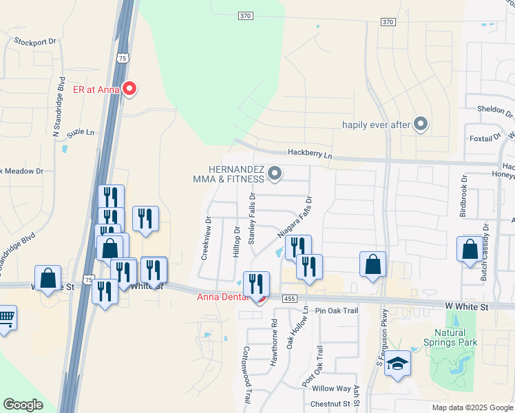 map of restaurants, bars, coffee shops, grocery stores, and more near 2122 Tanur Cascade Drive in Anna