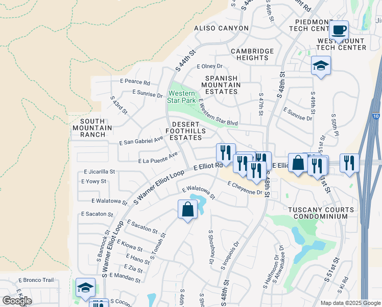 map of restaurants, bars, coffee shops, grocery stores, and more near 10627 South 44th Street in Phoenix