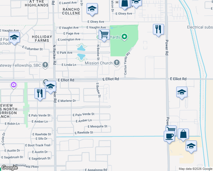 map of restaurants, bars, coffee shops, grocery stores, and more near 17899-17981 East Elliot Road in Gilbert