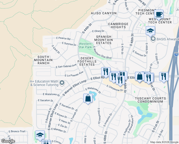 map of restaurants, bars, coffee shops, grocery stores, and more near 10627 South 44th Street in Phoenix