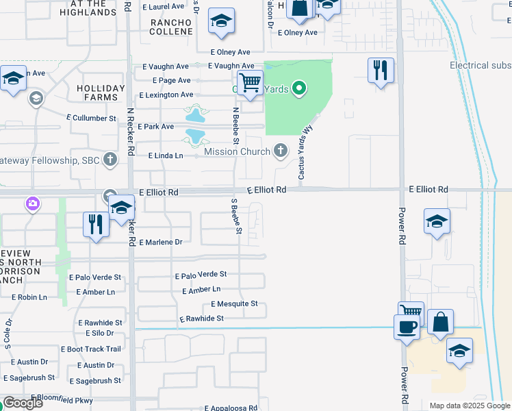 map of restaurants, bars, coffee shops, grocery stores, and more near 17899-17981 East Elliot Road in Gilbert