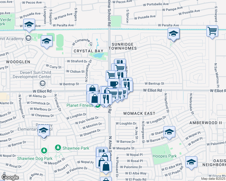 map of restaurants, bars, coffee shops, grocery stores, and more near 981 West Elliot Road in Chandler