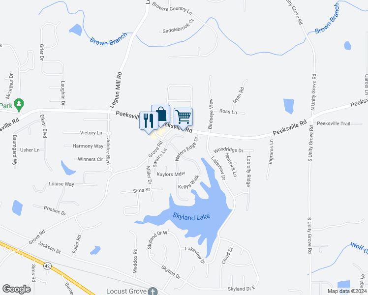 map of restaurants, bars, coffee shops, grocery stores, and more near 125 Waters Edge Drive in Locust Grove