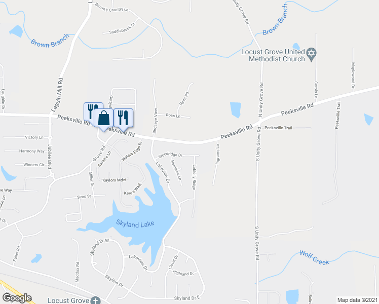map of restaurants, bars, coffee shops, grocery stores, and more near 310 Woodridge Drive in Locust Grove