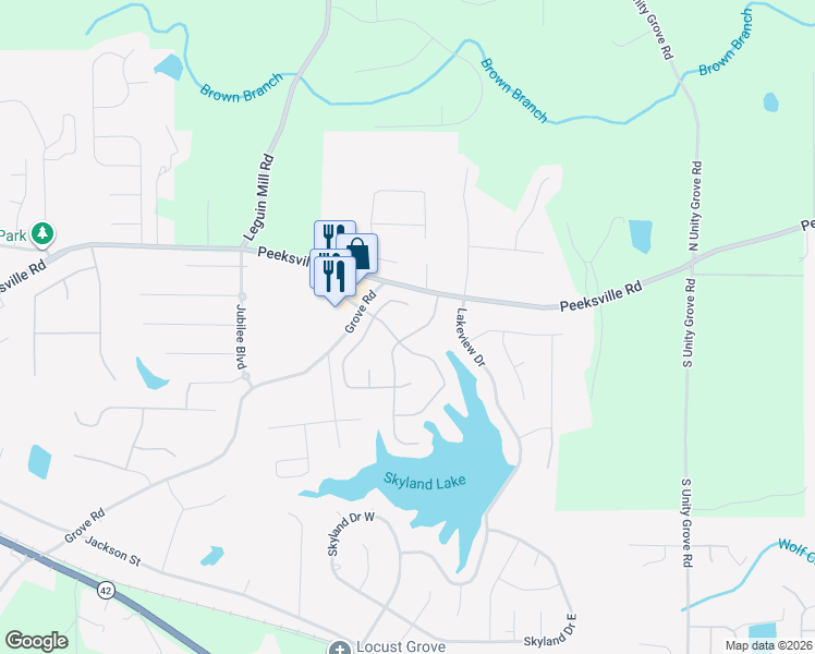 map of restaurants, bars, coffee shops, grocery stores, and more near 124 Waters Edge Drive in Locust Grove