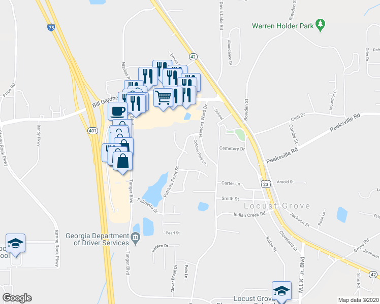 map of restaurants, bars, coffee shops, grocery stores, and more near 832 Freedom Walk in Locust Grove