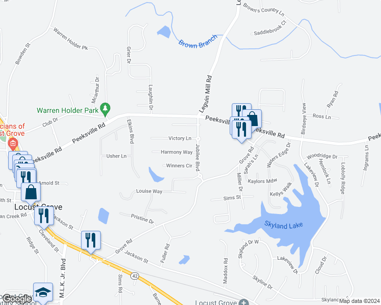 map of restaurants, bars, coffee shops, grocery stores, and more near 528 Harmony Way in Locust Grove