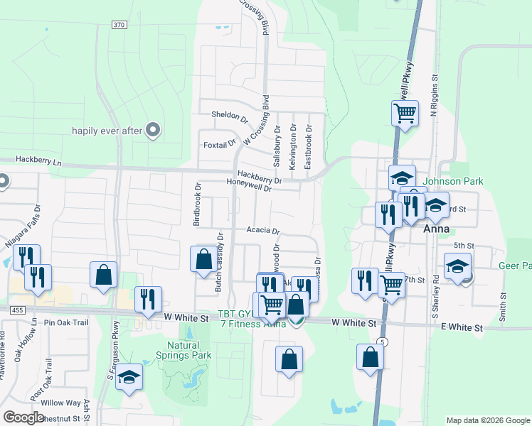 map of restaurants, bars, coffee shops, grocery stores, and more near 204 Bonsai Drive in Anna