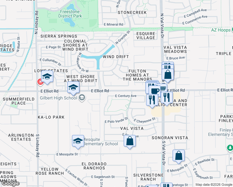 map of restaurants, bars, coffee shops, grocery stores, and more near 1307 East Century Avenue in Gilbert