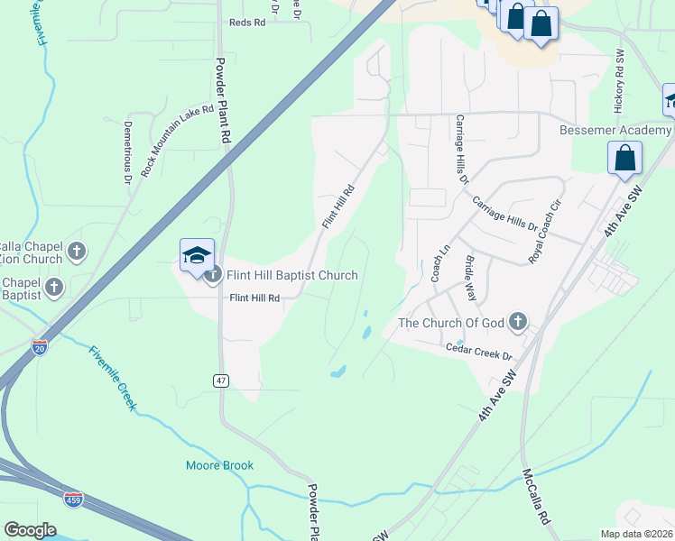 map of restaurants, bars, coffee shops, grocery stores, and more near 676 Flint Hill Road in Bessemer