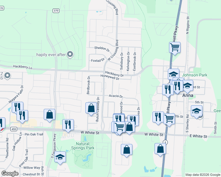 map of restaurants, bars, coffee shops, grocery stores, and more near 213 Pagoda Drive in Anna