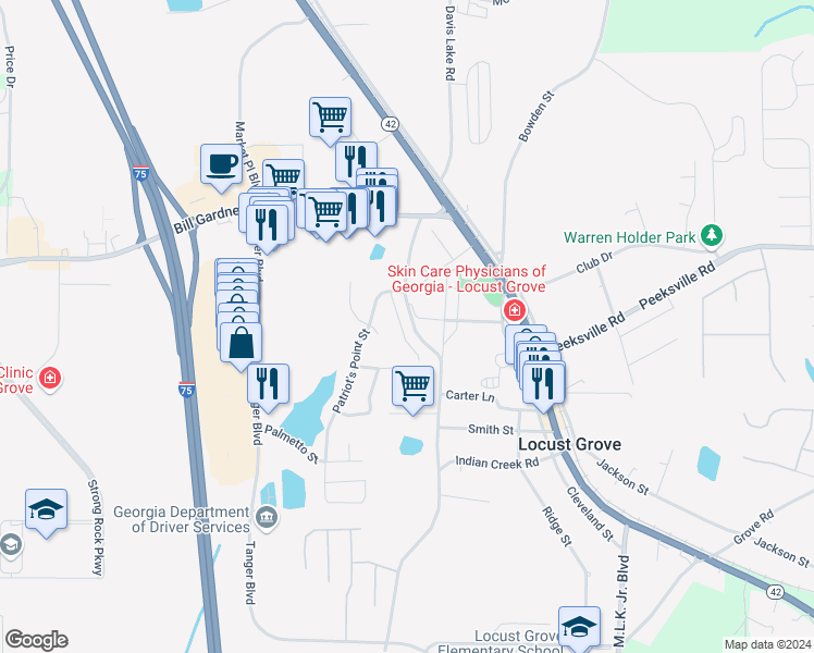 map of restaurants, bars, coffee shops, grocery stores, and more near 137 Colony Park Lane in Locust Grove