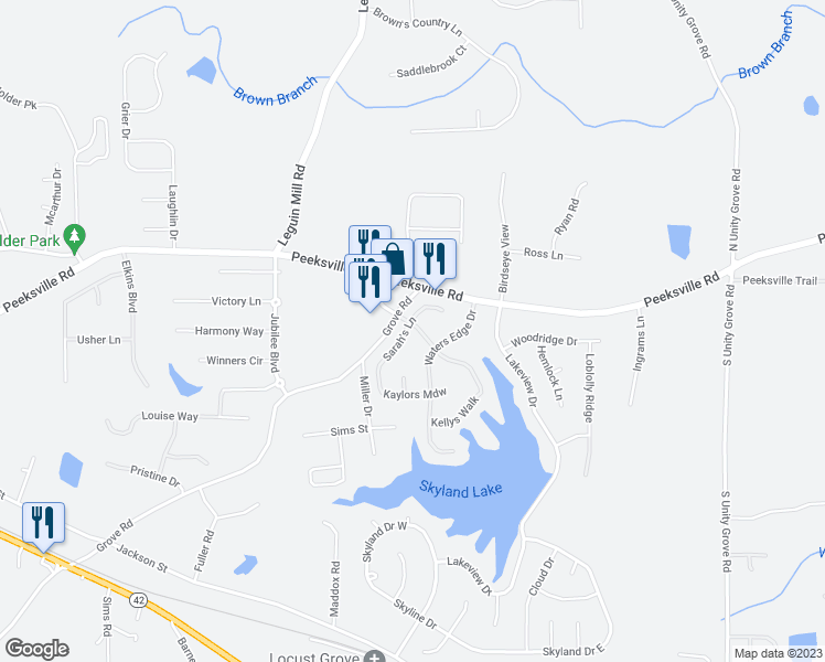 map of restaurants, bars, coffee shops, grocery stores, and more near 494 Sarah's Lane in Locust Grove