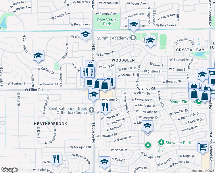 map of restaurants, bars, coffee shops, grocery stores, and more near 1846 West Elliot Road in Chandler