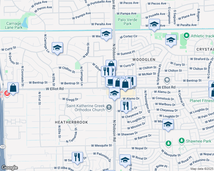 map of restaurants, bars, coffee shops, grocery stores, and more near 2950 North Dobson Road in Chandler