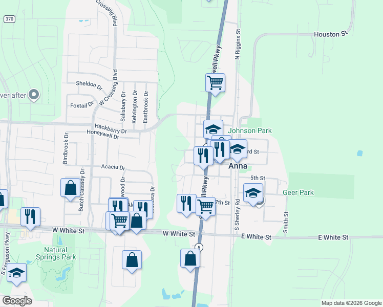 map of restaurants, bars, coffee shops, grocery stores, and more near 314 4th Street in Anna