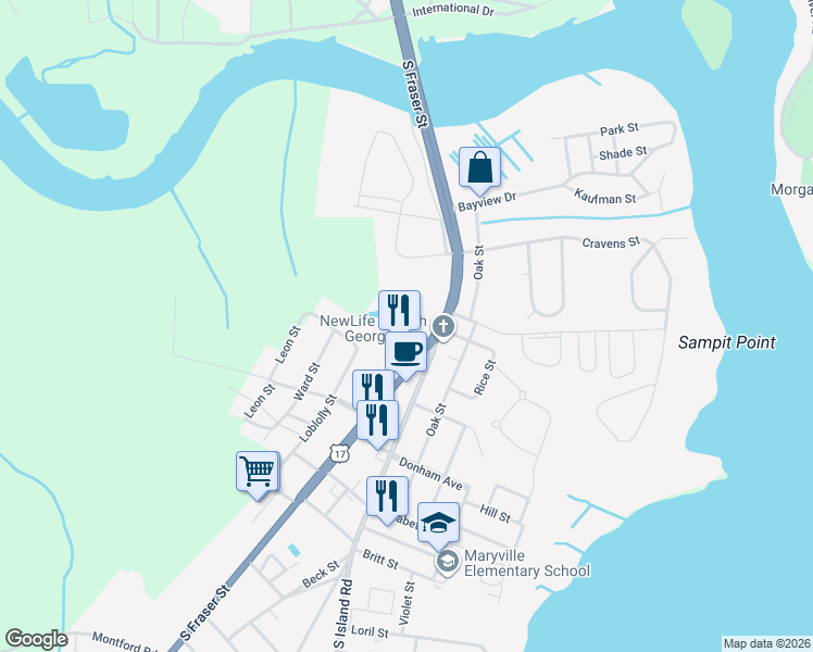 map of restaurants, bars, coffee shops, grocery stores, and more near 1710 South Fraser Street in Georgetown