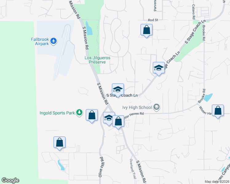 map of restaurants, bars, coffee shops, grocery stores, and more near 2445 South Stage Coach Lane in Fallbrook