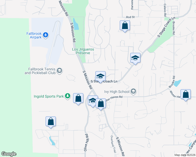 map of restaurants, bars, coffee shops, grocery stores, and more near 2445 South Stage Coach Lane in Fallbrook