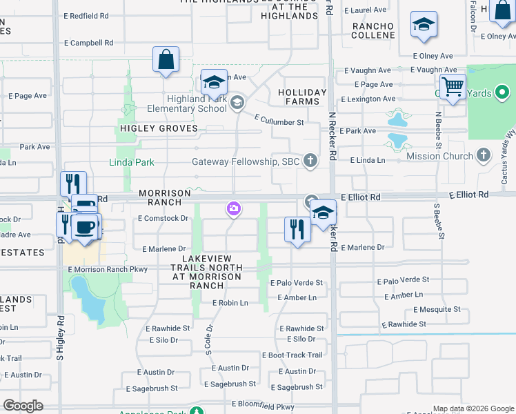 map of restaurants, bars, coffee shops, grocery stores, and more near 3762 East Comstock Drive in Gilbert