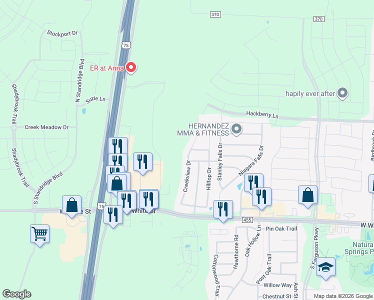 map of restaurants, bars, coffee shops, grocery stores, and more near 236 Creekview Drive in Anna