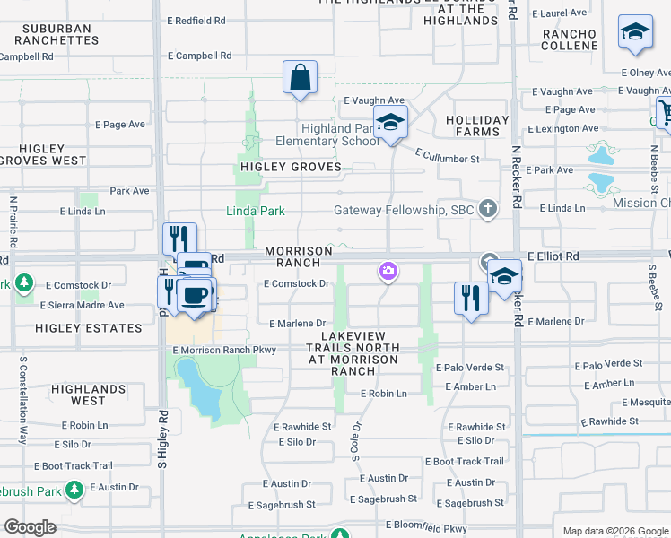 map of restaurants, bars, coffee shops, grocery stores, and more near 3632 East Comstock Drive in Gilbert