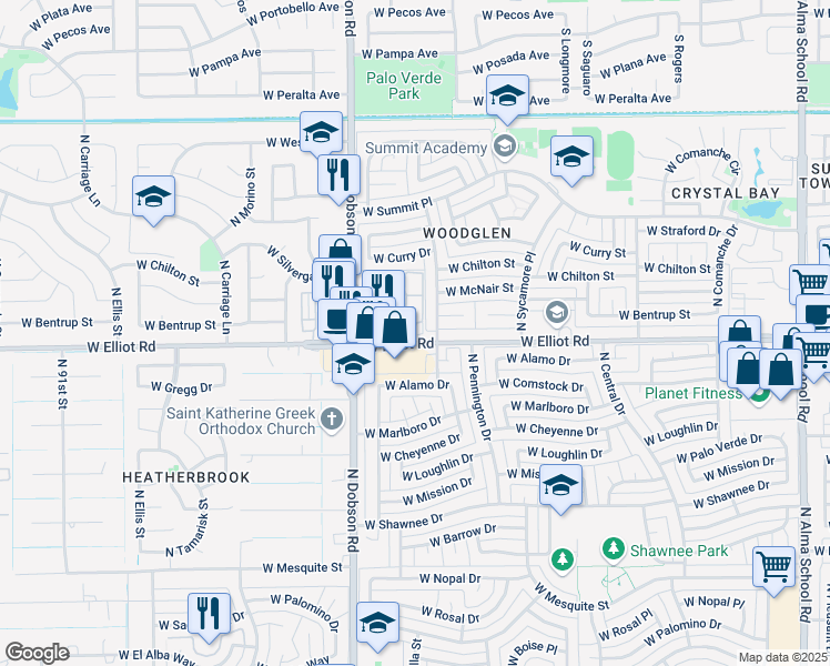 map of restaurants, bars, coffee shops, grocery stores, and more near 1846 West Elliot Road in Chandler