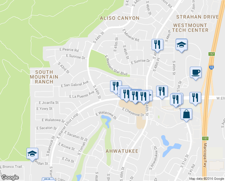 map of restaurants, bars, coffee shops, grocery stores, and more near 4510 East La Puente Avenue in Phoenix