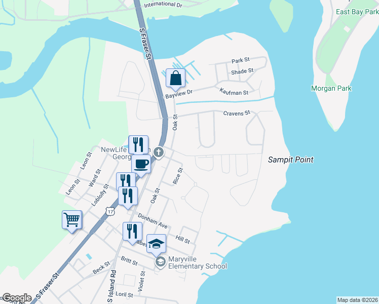 map of restaurants, bars, coffee shops, grocery stores, and more near 301 Martin Street in Georgetown