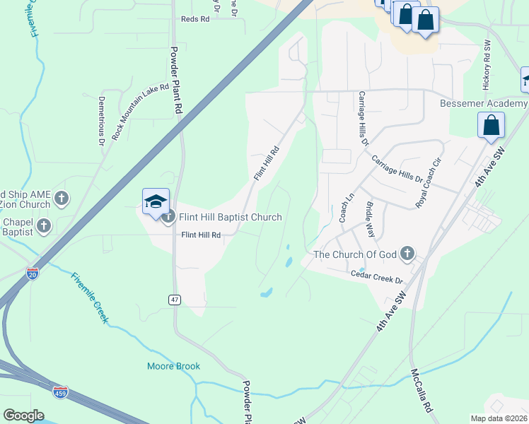 map of restaurants, bars, coffee shops, grocery stores, and more near 676 Flint Hill Road in Bessemer