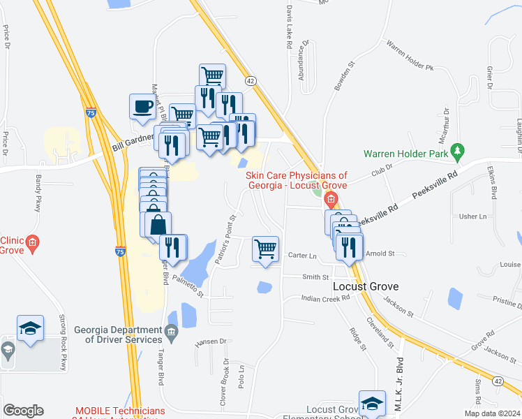 map of restaurants, bars, coffee shops, grocery stores, and more near 133 Colony Park Lane in Locust Grove