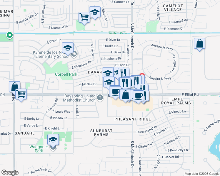 map of restaurants, bars, coffee shops, grocery stores, and more near 7570 South Willow Drive in Tempe