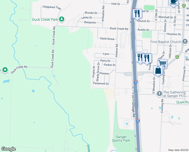 map of restaurants, bars, coffee shops, grocery stores, and more near 146 Prairie Drive in Sanger
