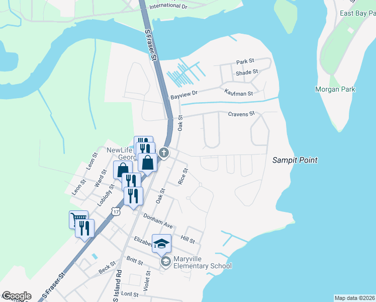 map of restaurants, bars, coffee shops, grocery stores, and more near 1607 Oak Street in Georgetown
