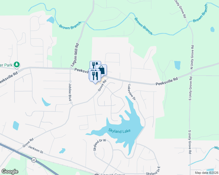map of restaurants, bars, coffee shops, grocery stores, and more near 208 Roberts Trail in Locust Grove