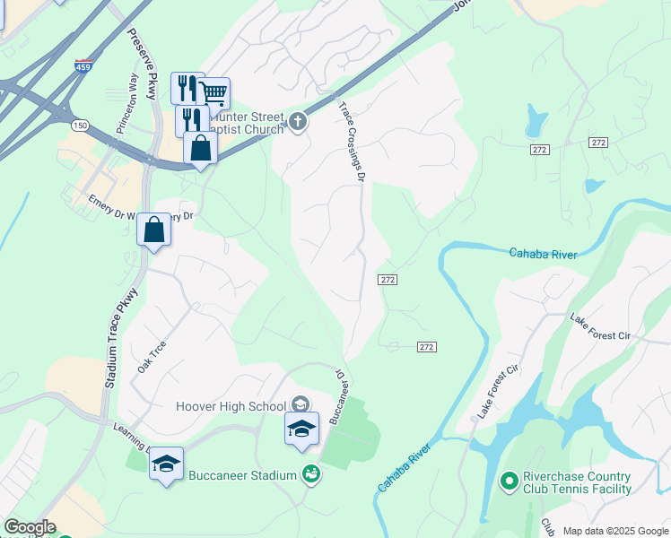 map of restaurants, bars, coffee shops, grocery stores, and more near 5007 Trace Crossings Lane in Birmingham