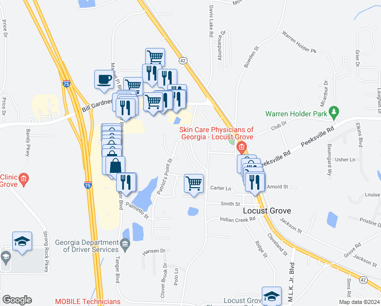 map of restaurants, bars, coffee shops, grocery stores, and more near 129 Colony Park Lane in Locust Grove