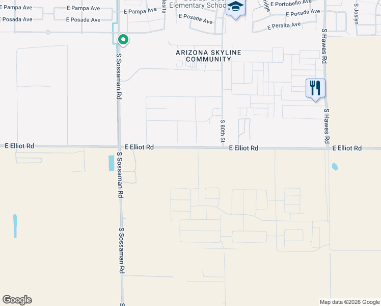 map of restaurants, bars, coffee shops, grocery stores, and more near 19541 East Elliot Road in Mesa